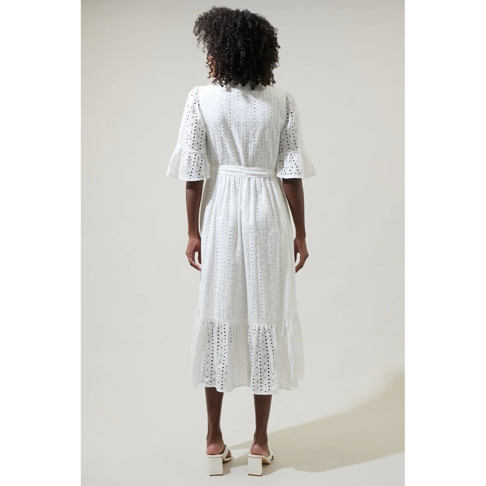 Sugarlips Kaylie Eyelet Sz M White Button Down Ruffle Midi Belted Cotton Dress - Picture 3 of 15